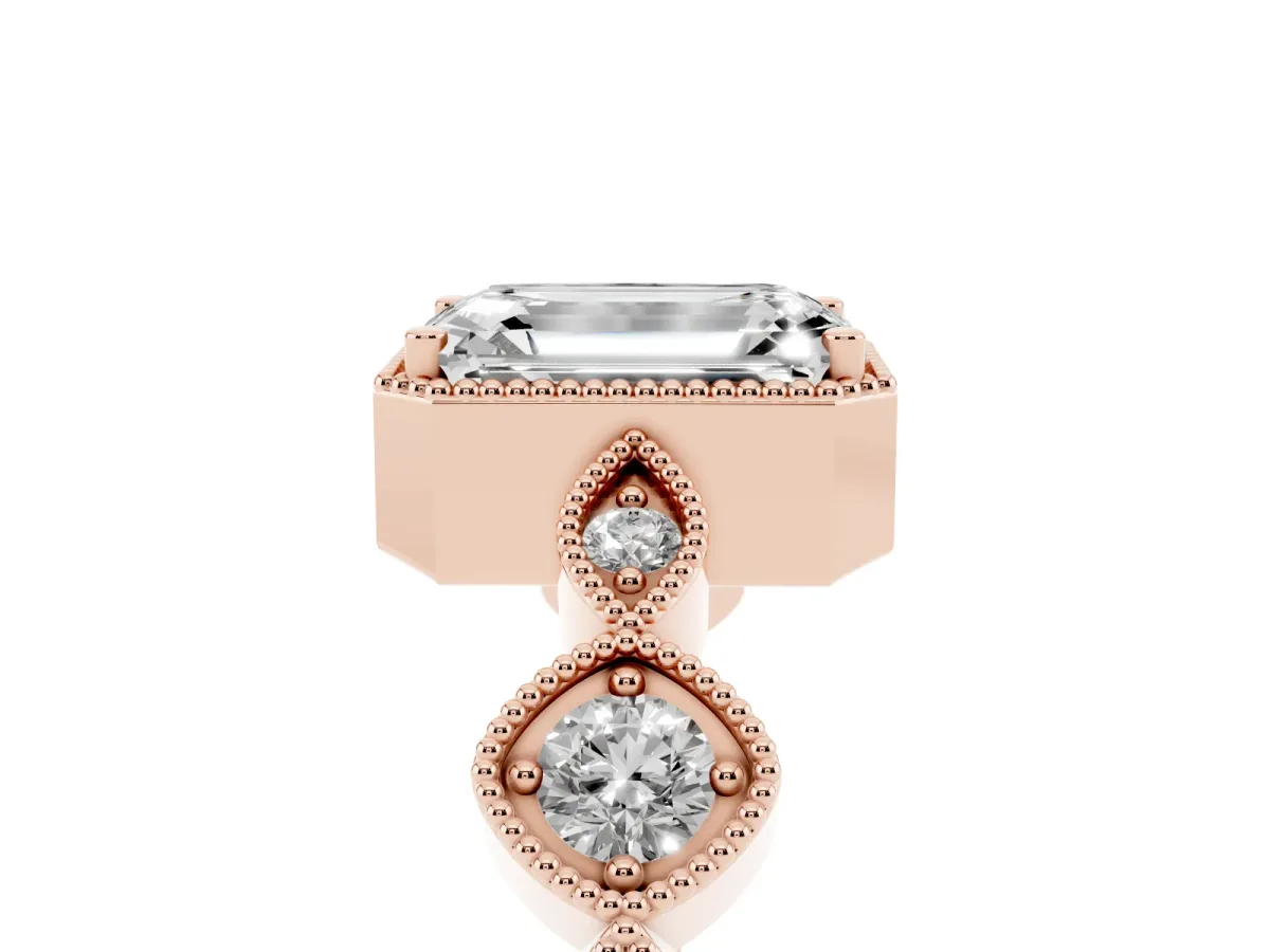 Emerald Cut Diamond Vintage Milgrain Ring with Round Stations Rose gold
