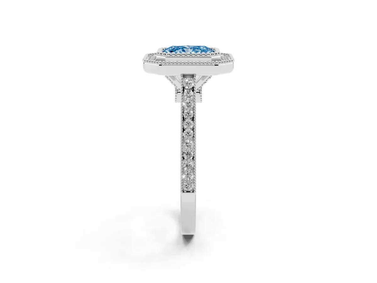 Fancy Blue Radiant Cut Diamond Halo Ring with Milgrain Frame and Pavé Band White gold