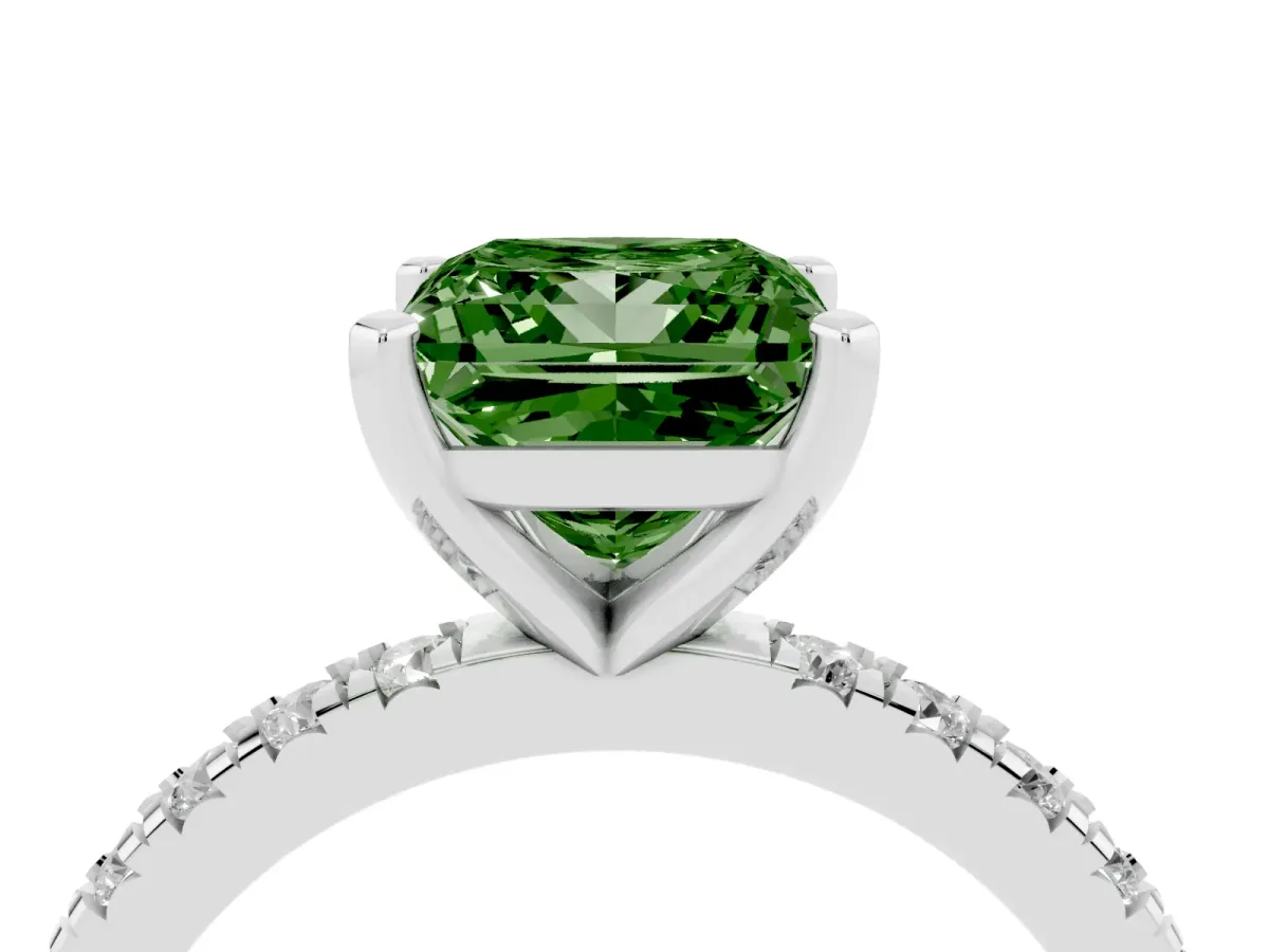 Fancy Green Princess Cut Diamond Pavé Band Solitaire with Four-Prong Setting Silver