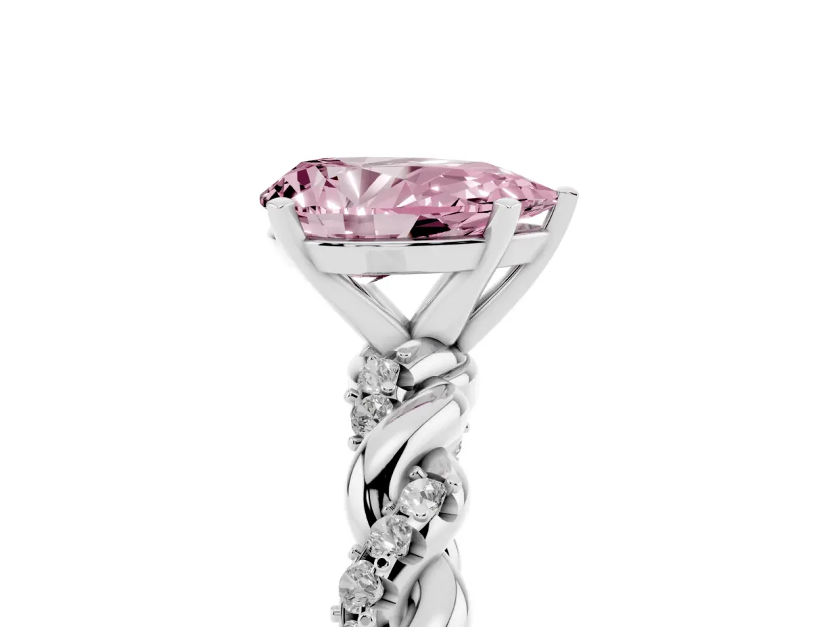Fancy Pink Pear Cut Diamond Solitaire Ring with Twisted Band and Pavé Accents Platinum