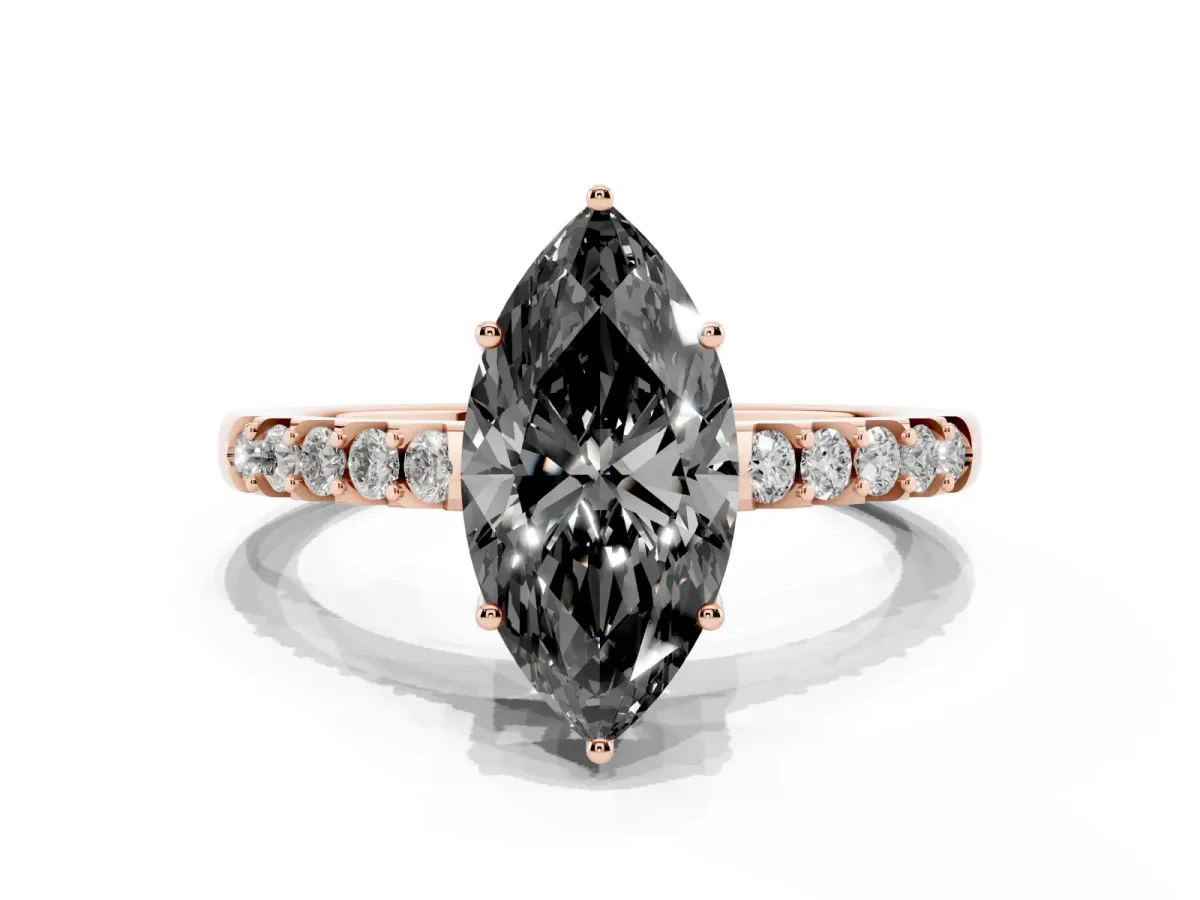 Fancy Black Marquise Cut Solitaire Diamond Engagement Ring with Pavé Band and Six-Prong Setting Rose gold