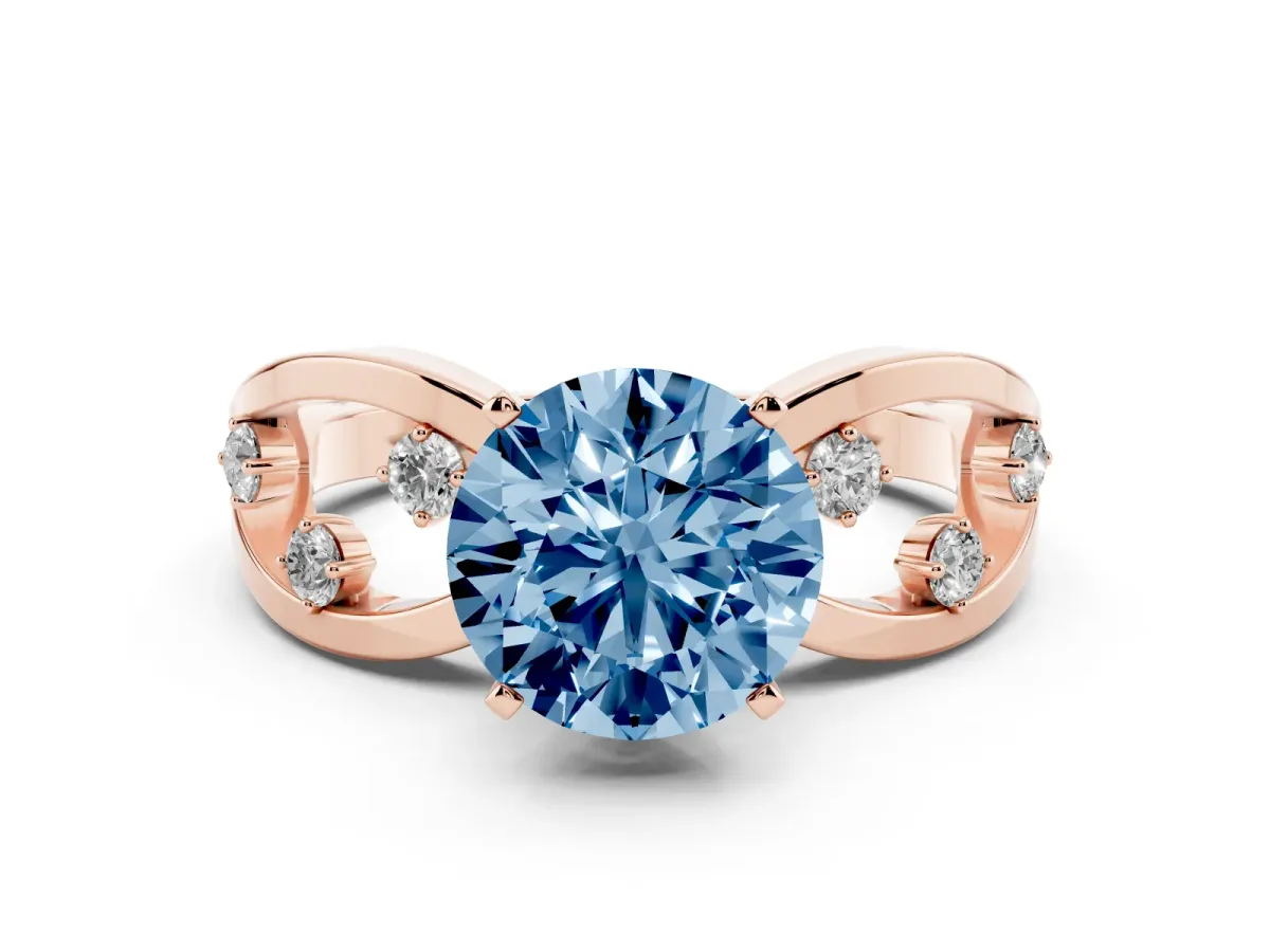 Fancy Blue Round Cut Cut Solitaire Diamond with Side Stones on Criss-Cross Band and Four-Prong Setting Rose gold
