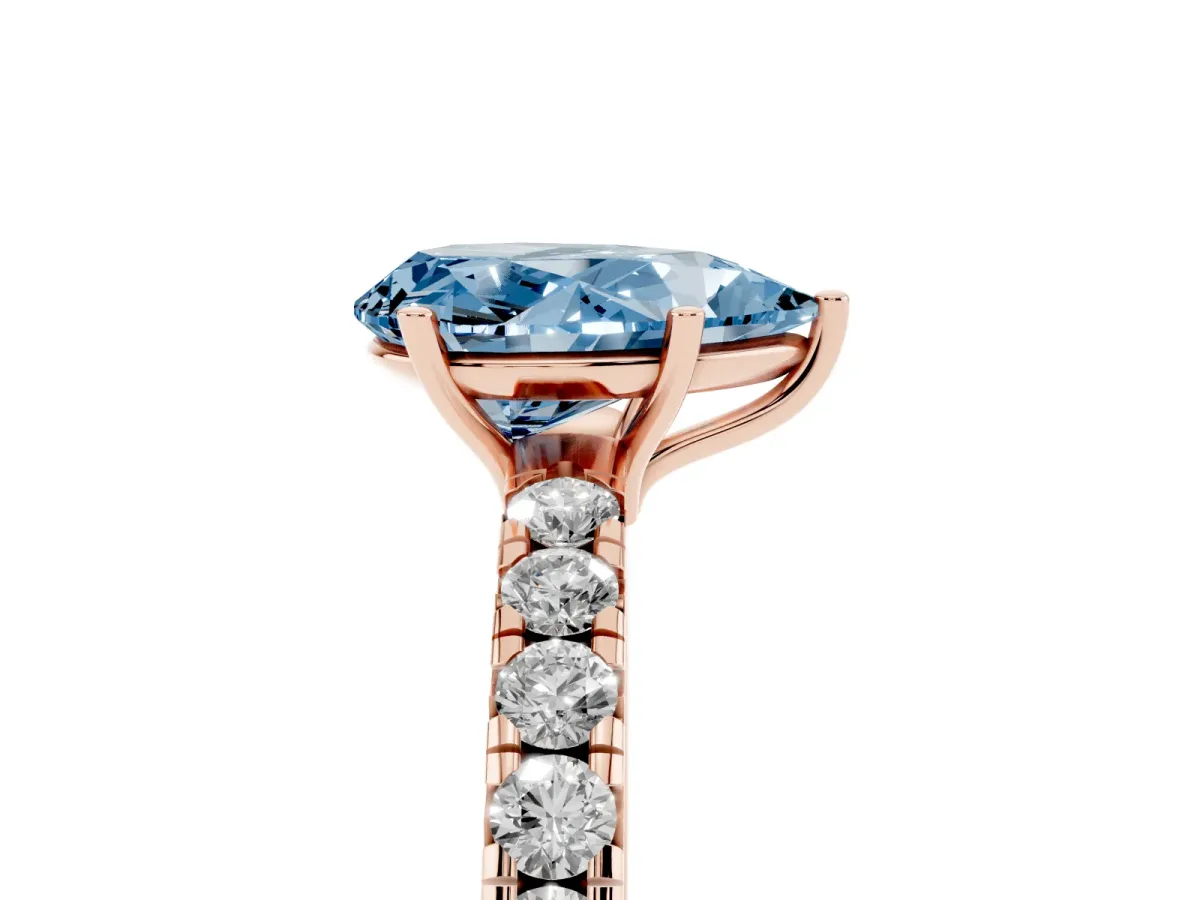Fancy Blue Pear Cut Diamond Pavé Solitaire Engagement Ring with Four-Prong Setting Rose gold