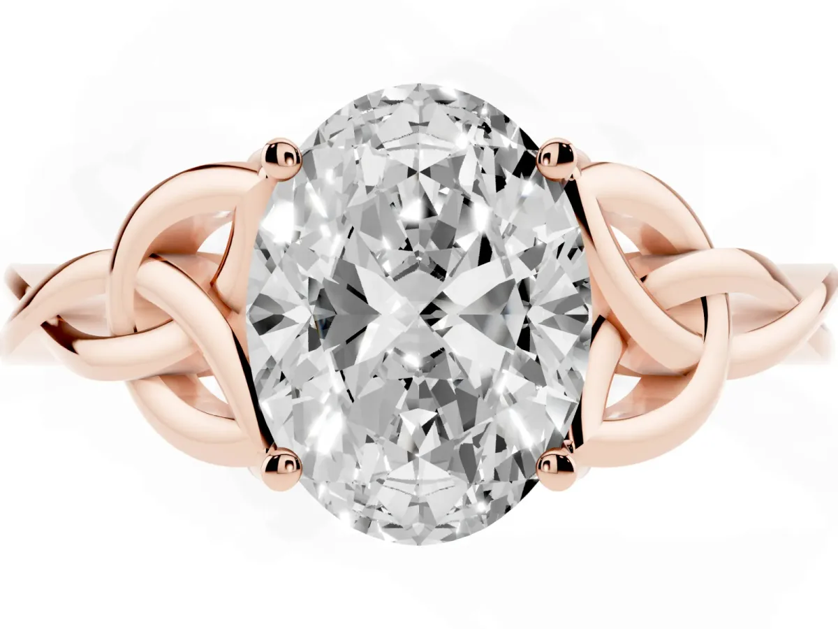 Oval Cut Diamond Solitaire Engagement Ring with Celtic Knot Band and Four-Prong Setting Rose gold