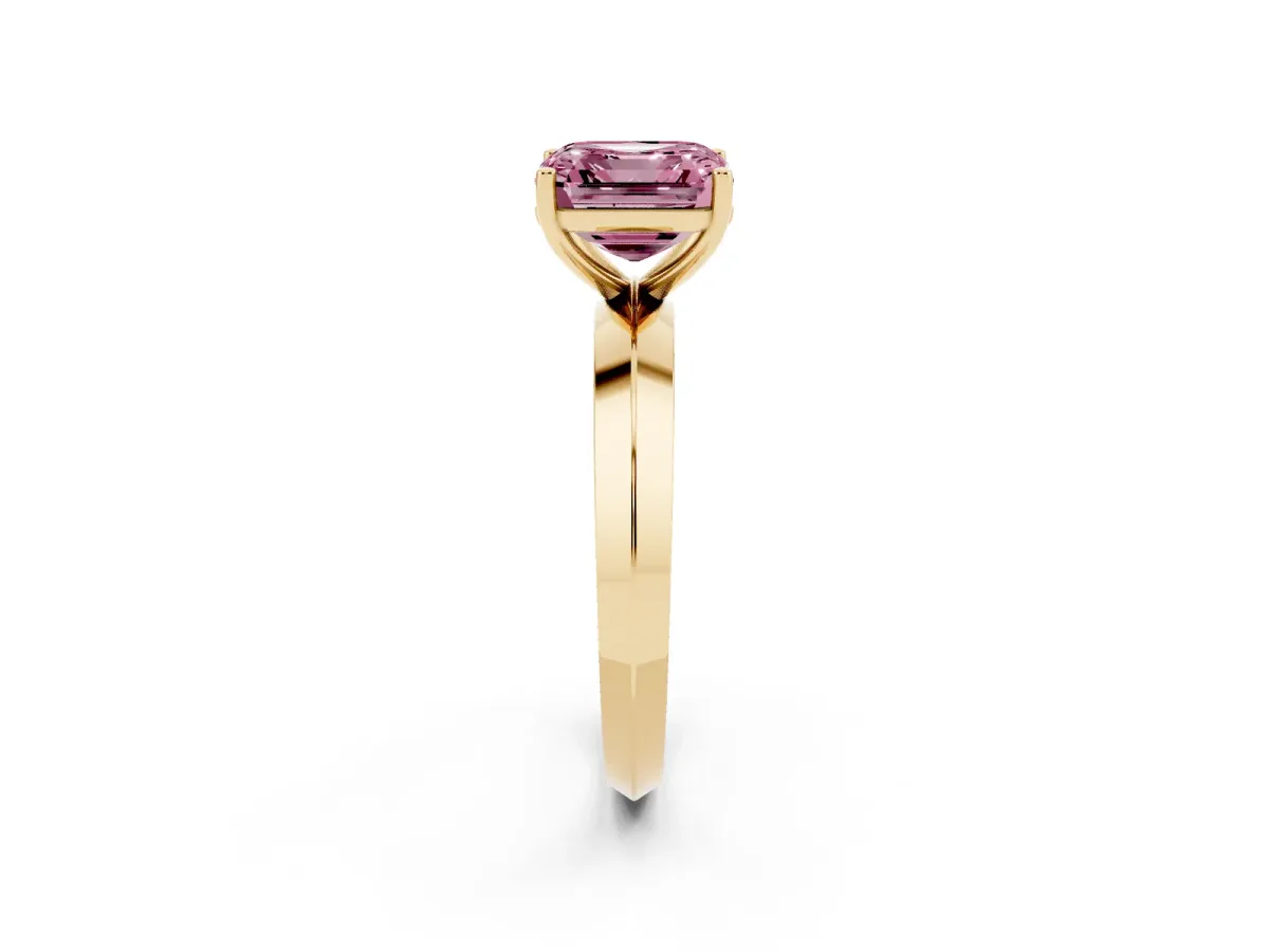 Fancy Pink Asscher Cut Cut Solitaire Engagement Ring with Flat Band and Four-Prong Setting Yellow gold