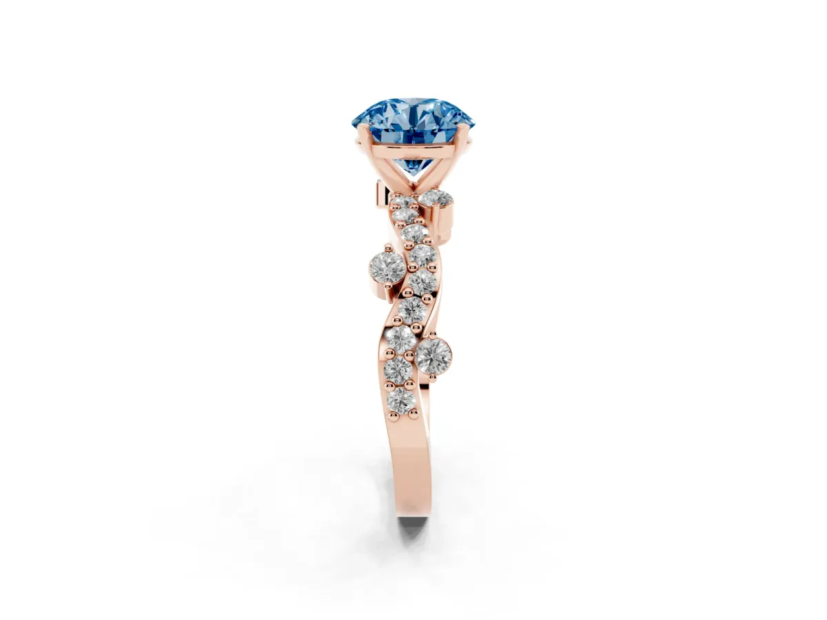 Fancy Blue Round Cut Cut Solitaire Diamond Twisted Band with Pave Setting Rose gold