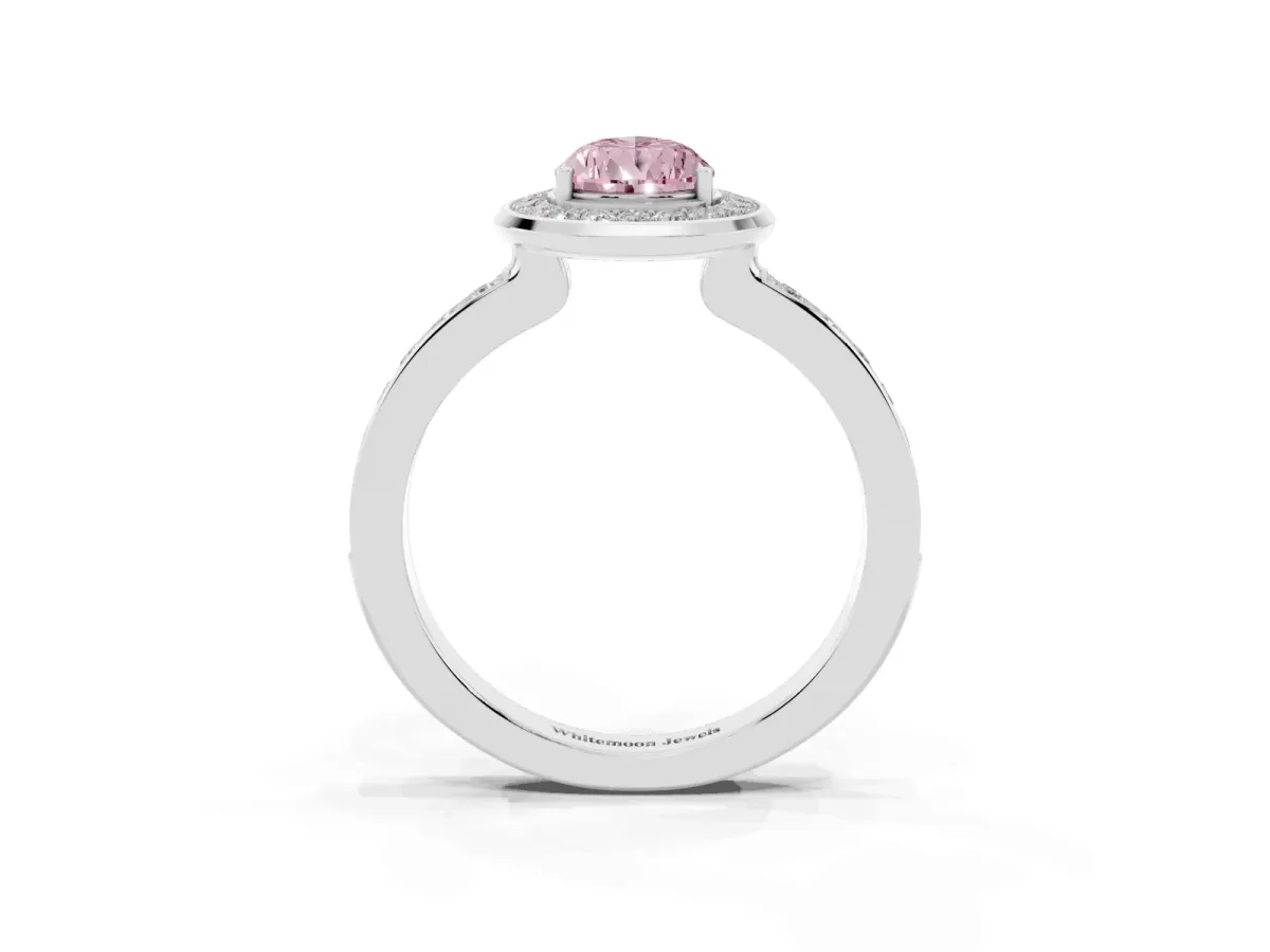 Fancy Pink Pear Cut Diamond Halo Ring with Bezel Frame and Pavé Band Silver