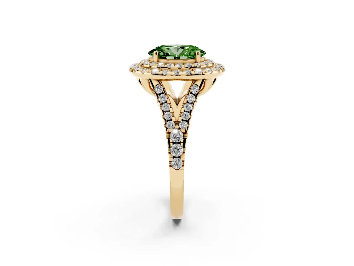 Fancy Green Double Halo Oval Cut Diamond Pavé Split Shank Ring with Prong Setting Yellow gold