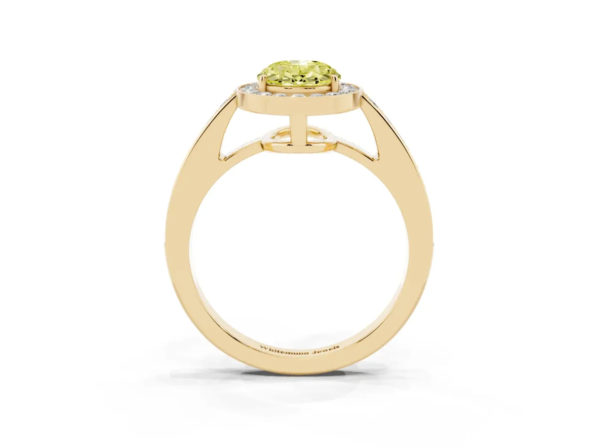 Fancy Yellow Oval Cut Halo Pavé Diamond Engagement Ring with Bezel Setting Yellow gold