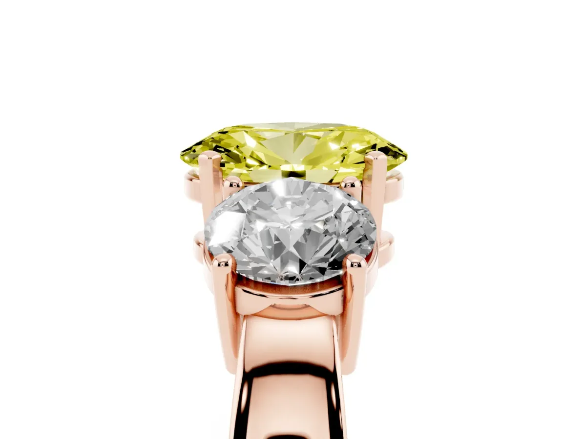 Fancy Yellow Three-Stone Oval Cut Diamond Ring with Round Side Stones, Classic Band, and Four-Prong Setting Rose gold