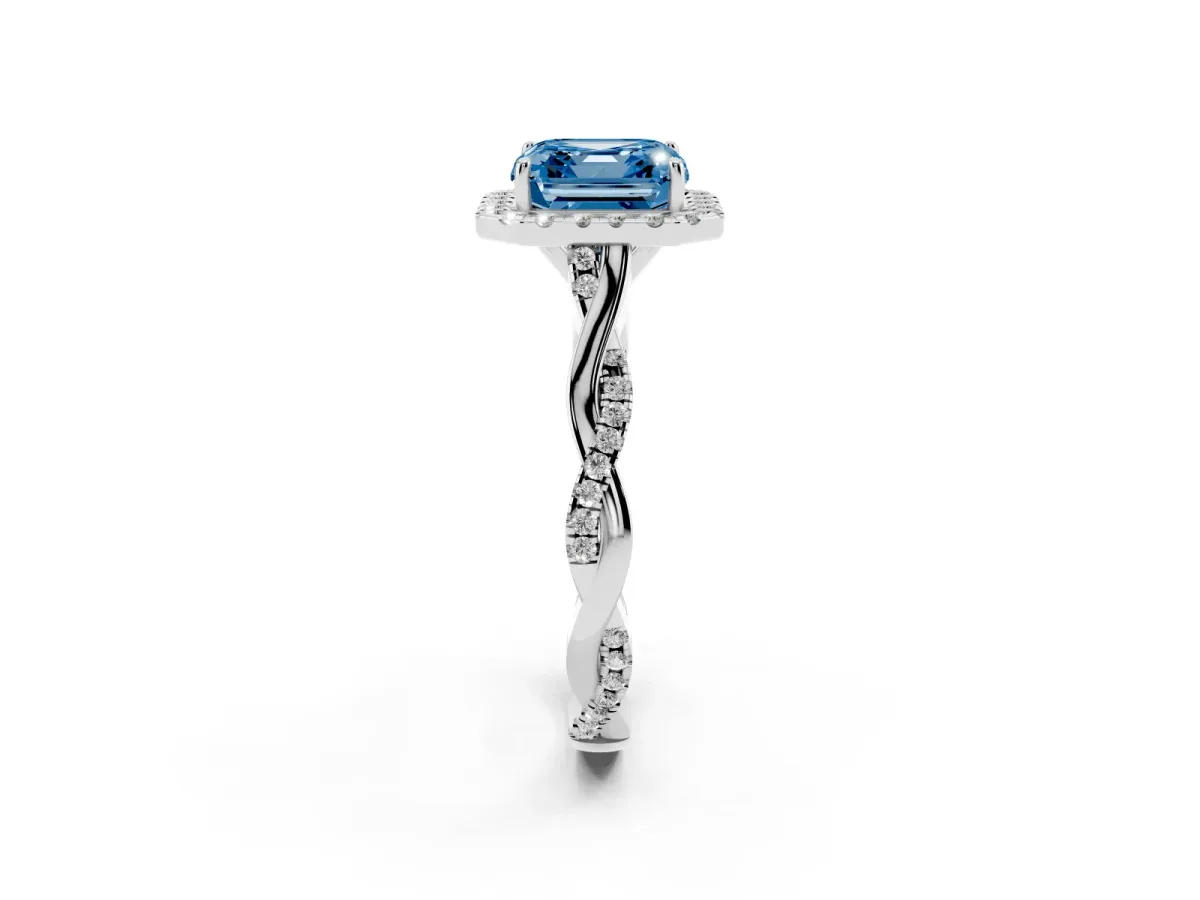 Fancy Blue Asscher Cut Halo Twist Band Solitaire Ring Silver