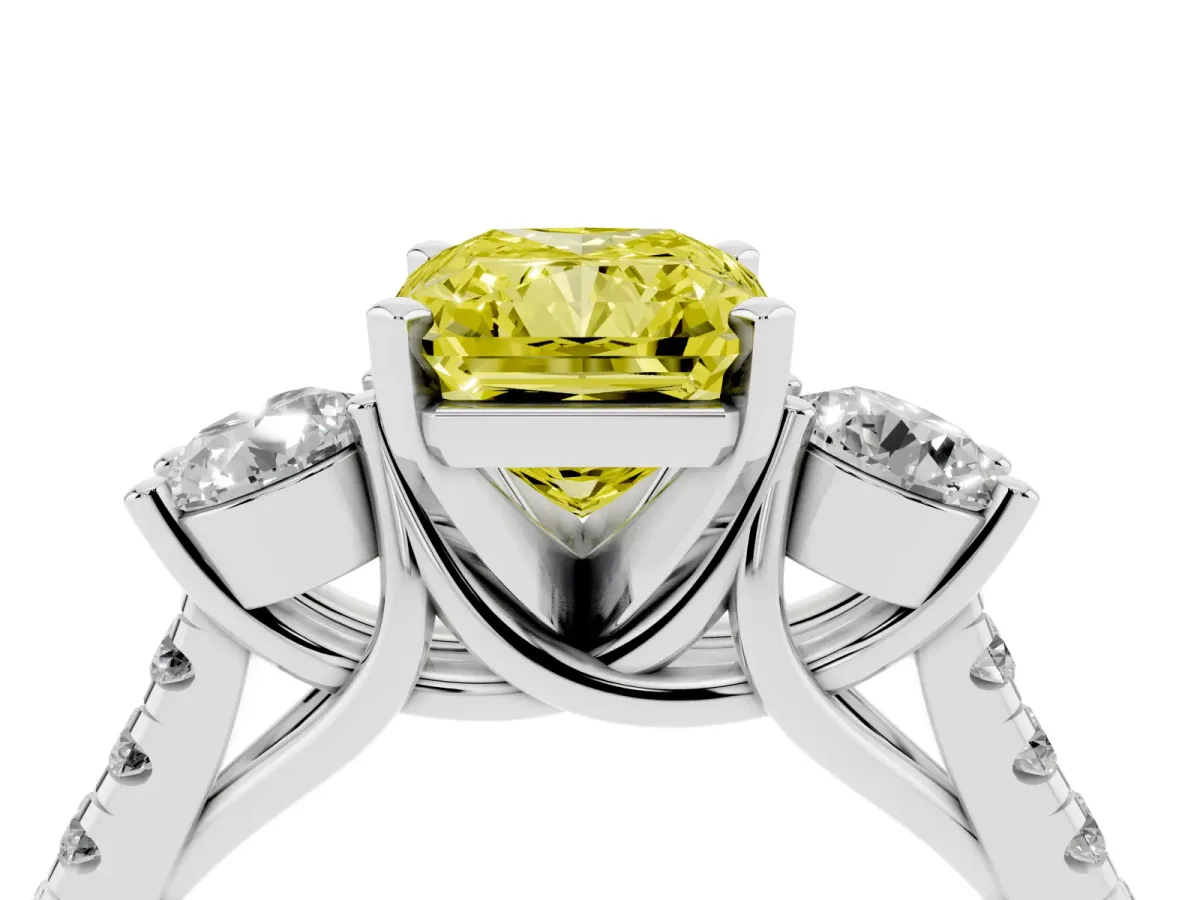 Fancy Yellow Three-Stone Radiant Cut Diamond Pavé Band with Four-Prong Setting Silver