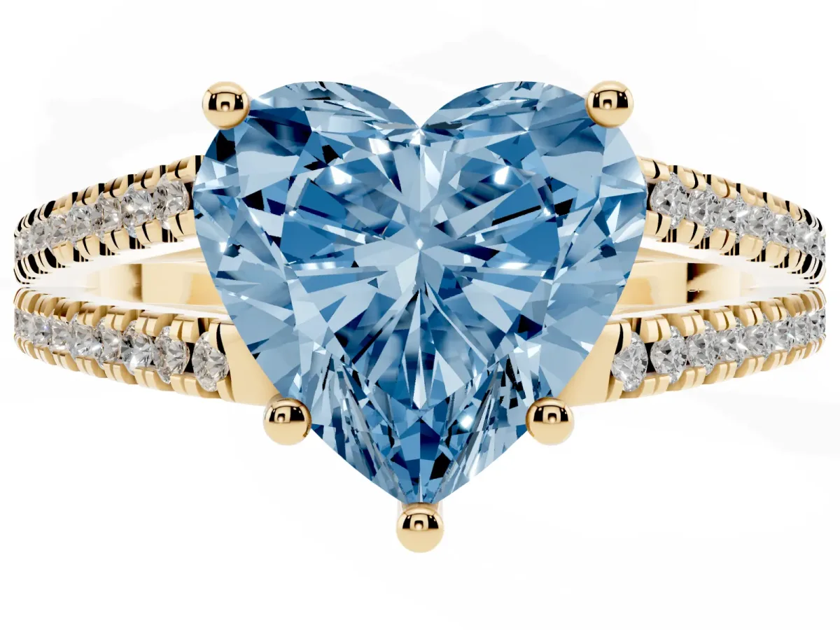 Fancy Blue Heart Cut Diamond Solitaire Engagement Ring with Split Shank Pavé Band Yellow gold