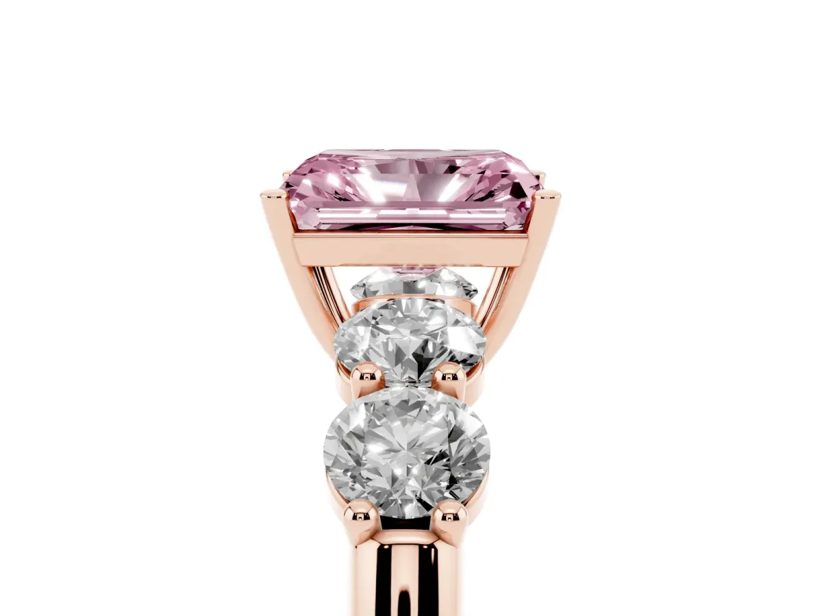 Fancy Pink Radiant Cut Cut Five-Stone Prong Set Diamond Ring with Classic Band Rose gold