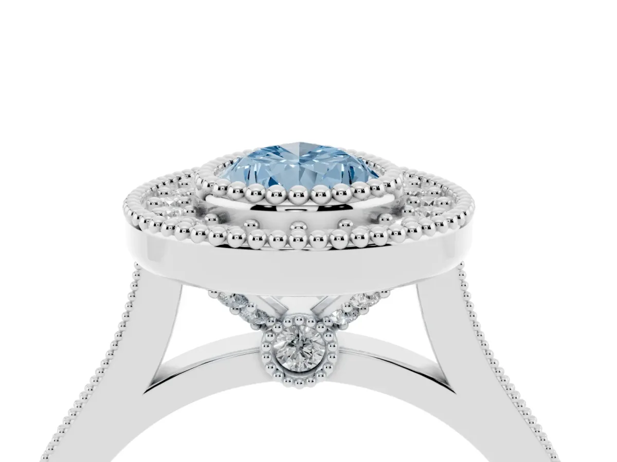 Fancy Blue Pear Cut Diamond Halo Ring with Milgrain Frame and Pavé Band Silver