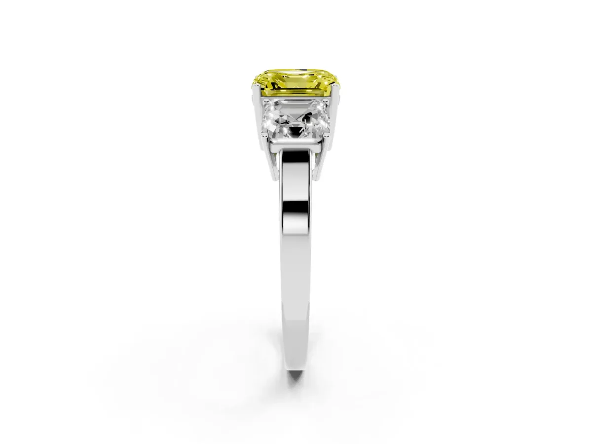 Fancy Yellow Three-Stone Asscher Cut Cut Diamond Engagement Ring with Flat Band and Four-Prong Setting Silver