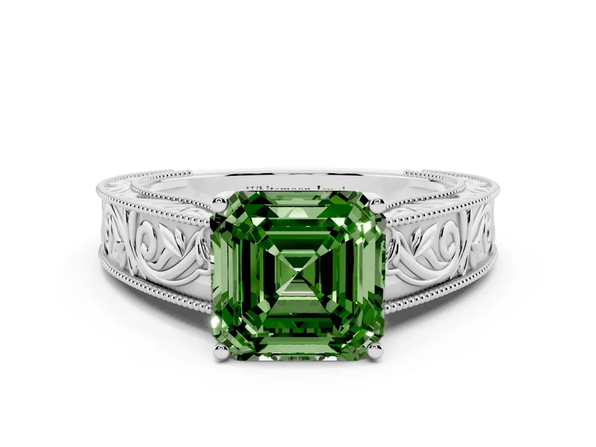 Fancy Green Asscher Cut Diamond Solitaire Ring with Engraved Band and Four-Prong Setting White gold