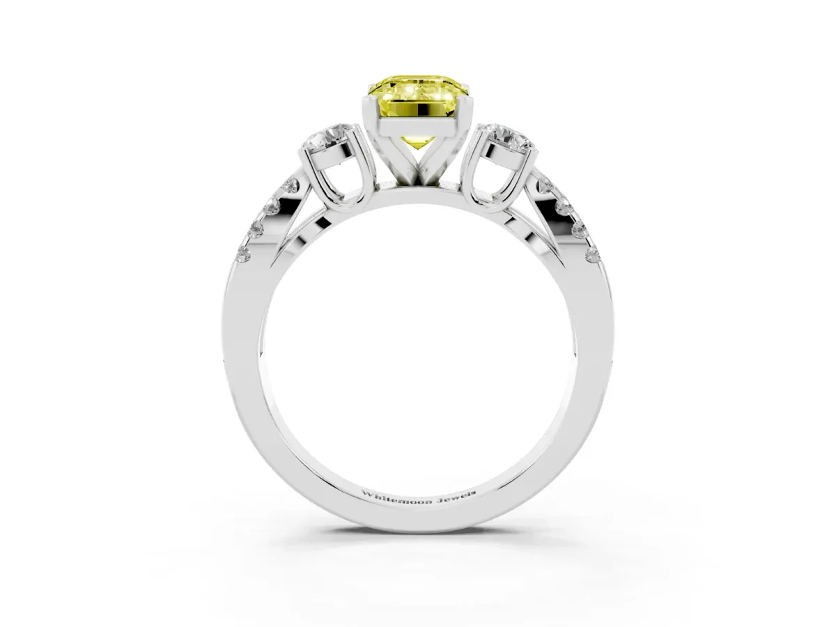 Fancy Yellow Emerald Cut Diamond Three-Stone Ring with Pavé Split Shank and Four-Prong Setting Silver