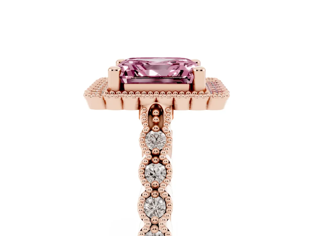 Fancy Pink Asscher Cut Cut Halo Pavé Solitaire Ring with Milgrain Band Rose gold