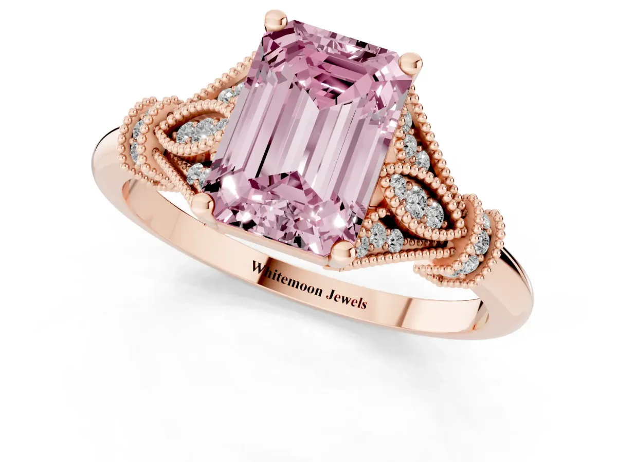 Fancy Pink Emerald Cut Diamond Solitaire Ring with Floral Filigree and Pave Accents Rose gold