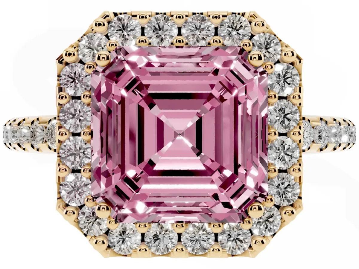 Fancy Pink Asscher Cut Diamond Pavé Halo Ring with Four-Prong Setting Yellow gold