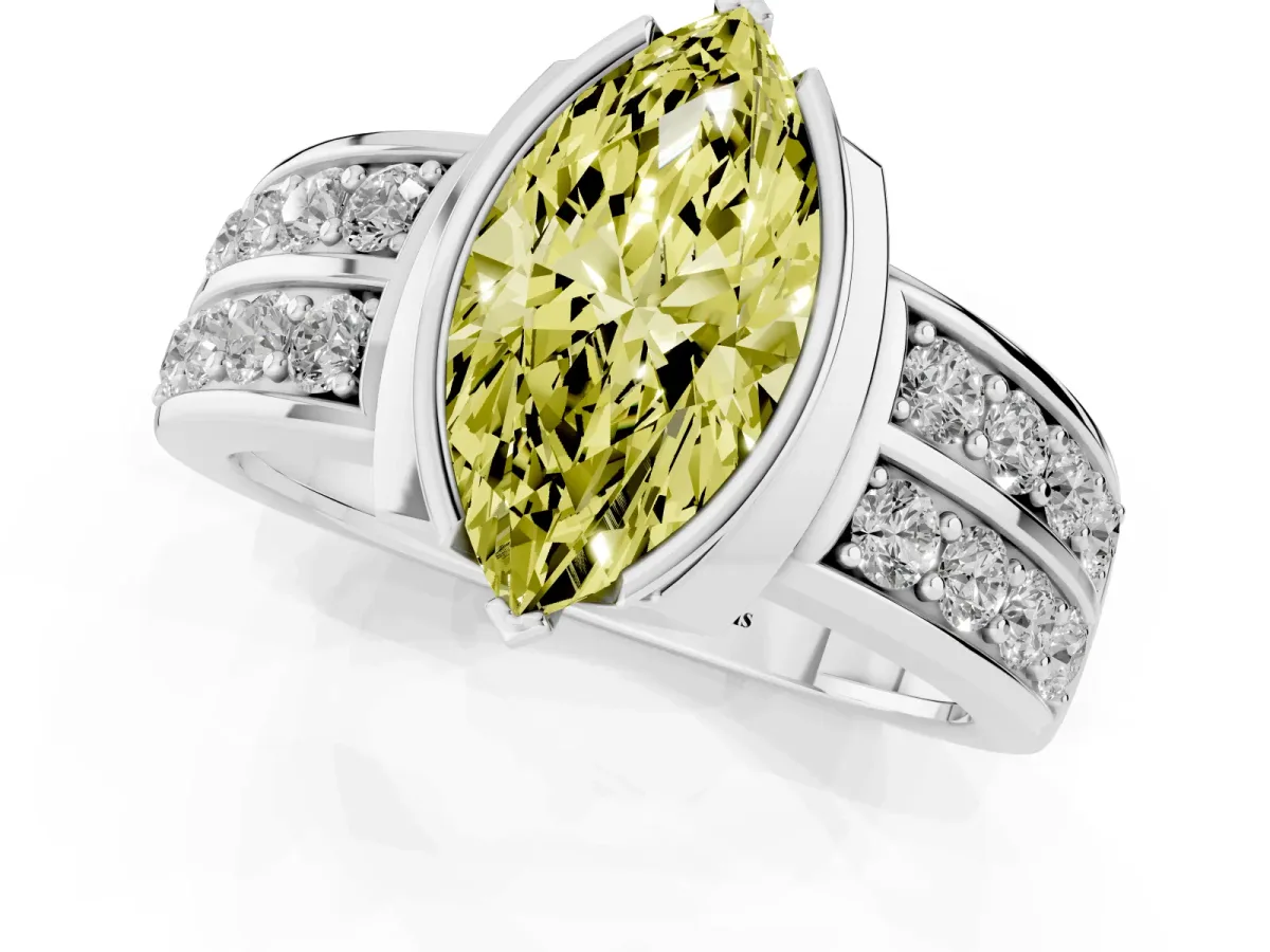 Fancy Yellow Marquise Cut Brilliant Diamond Channel Set Wide Band Ring with Bezel Setting White gold
