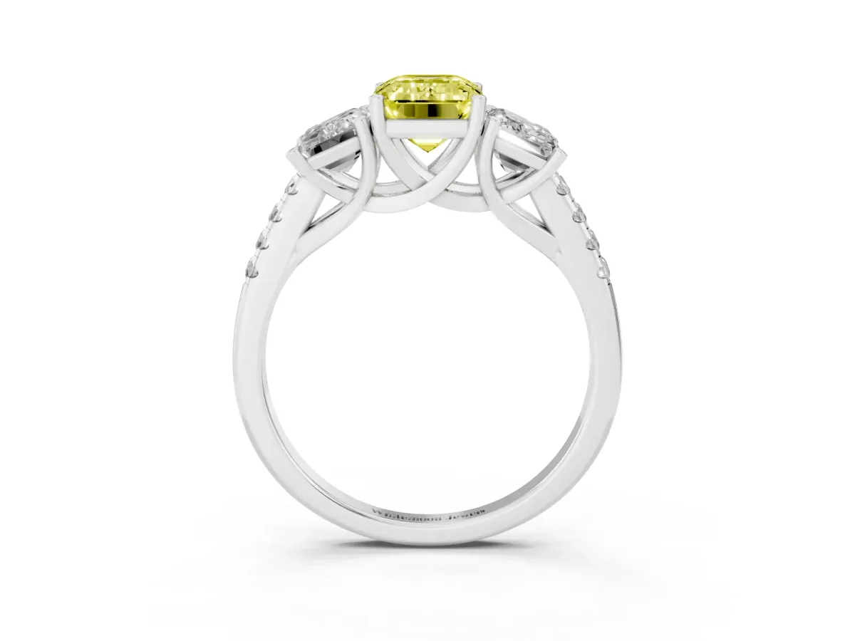Fancy Yellow Three-Stone Emerald Cut Diamond Ring with Round Pavé Band and Prong Setting Silver