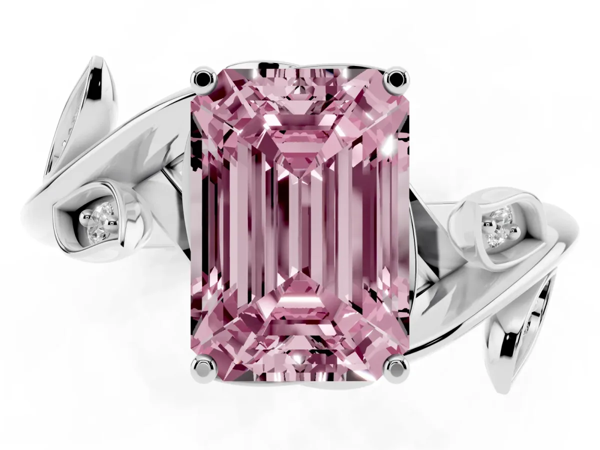 Fancy Pink Emerald Cut Solitaire Twist Engagement Ring with Leaf Accents and Prong Setting Silver