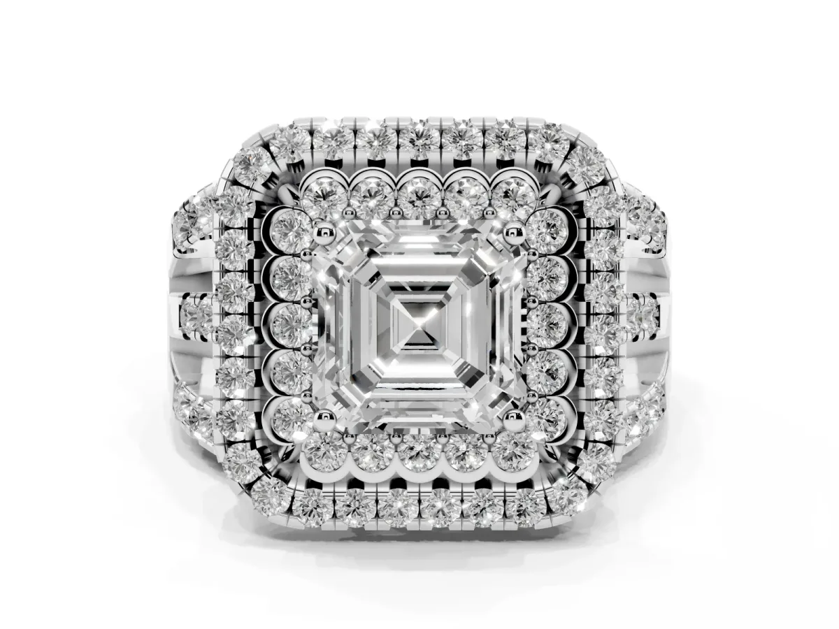 Asscher Cut Diamond Double Halo Ring with Round Pavé Split Shank and Prong Setting Silver