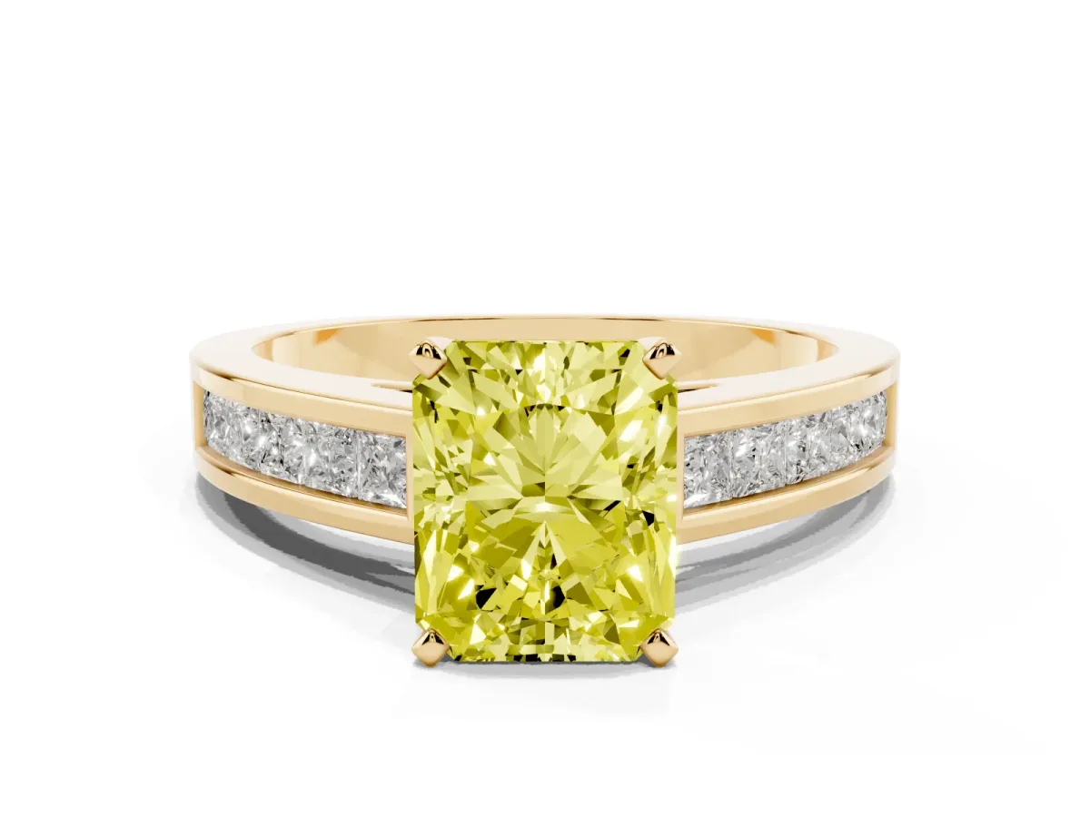 Fancy Yellow Radiant Cut Solitaire Diamond Ring with Channel-Set Band and Four-Prong Setting Yellow gold