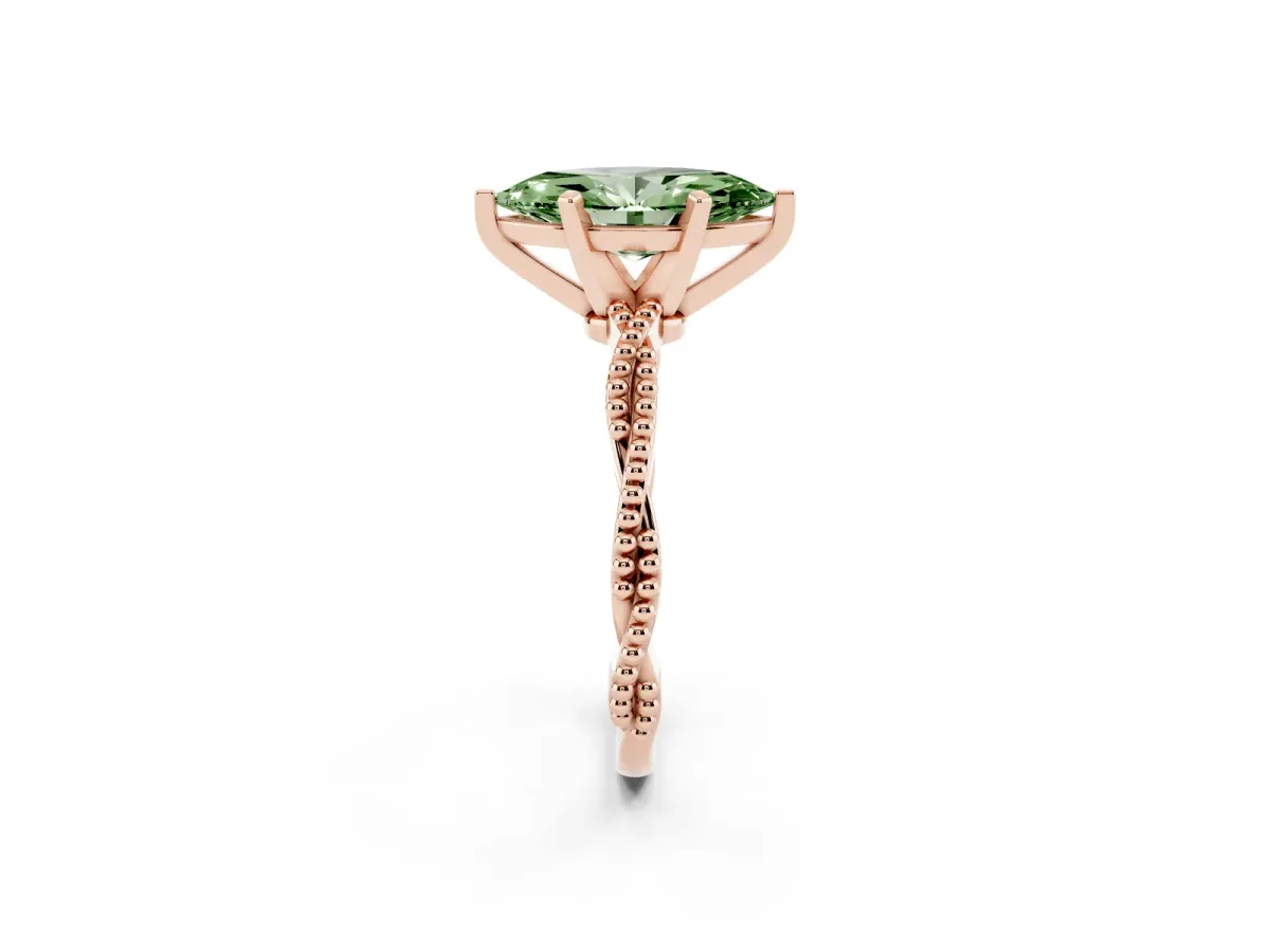 Fancy Green Marquise Cut Solitaire Twisted Band with Bead Prong Setting Rose gold