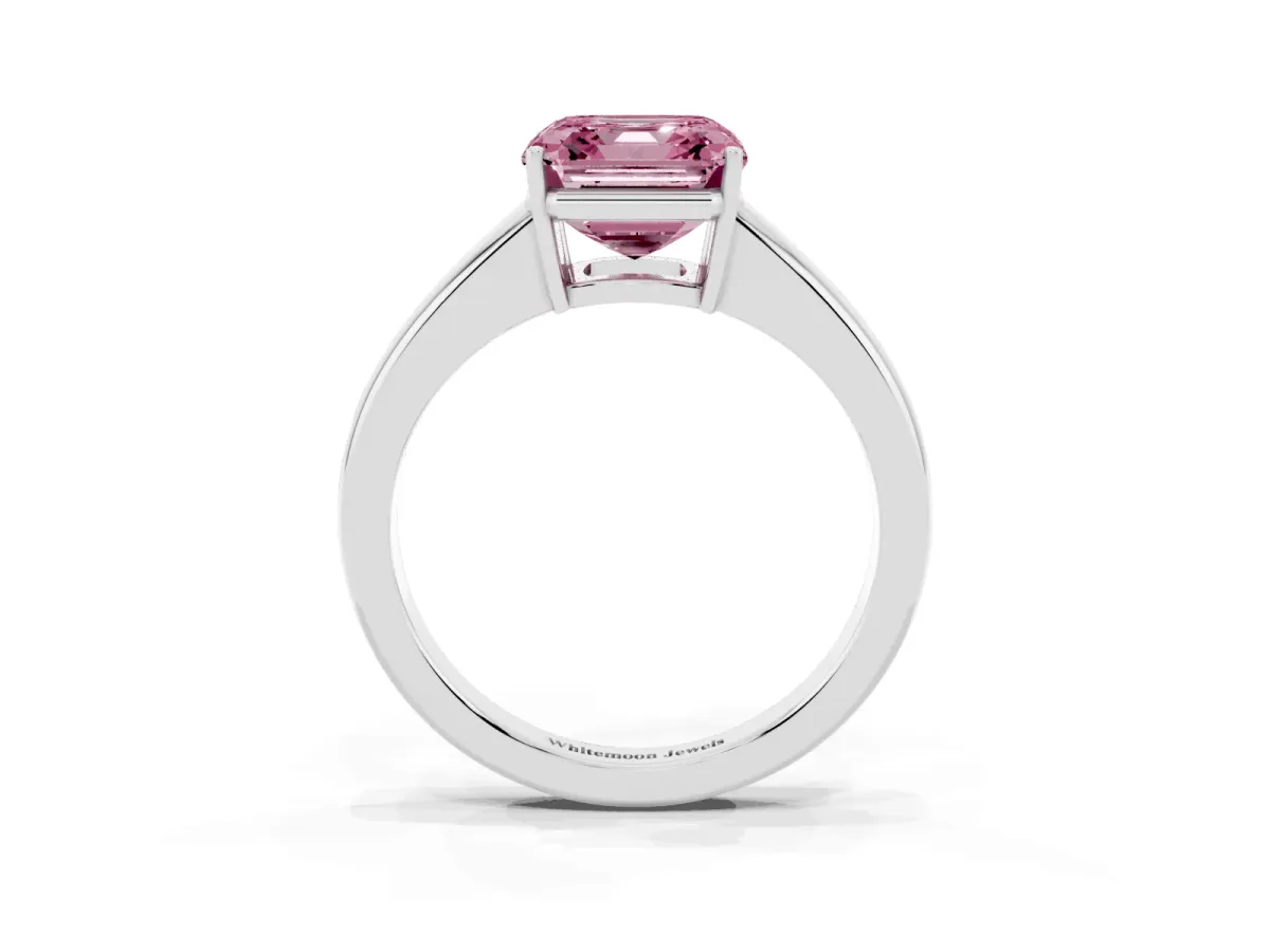 Fancy Pink Asscher Cut Solitaire Diamond Ring with Tapered Band and Four-Prong Setting Silver