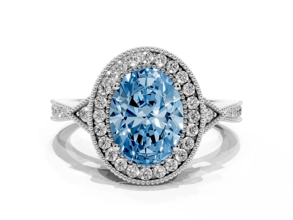 Fancy Blue Oval Cut Halo Round Diamond Milgrain Pave Engagement Ring Silver