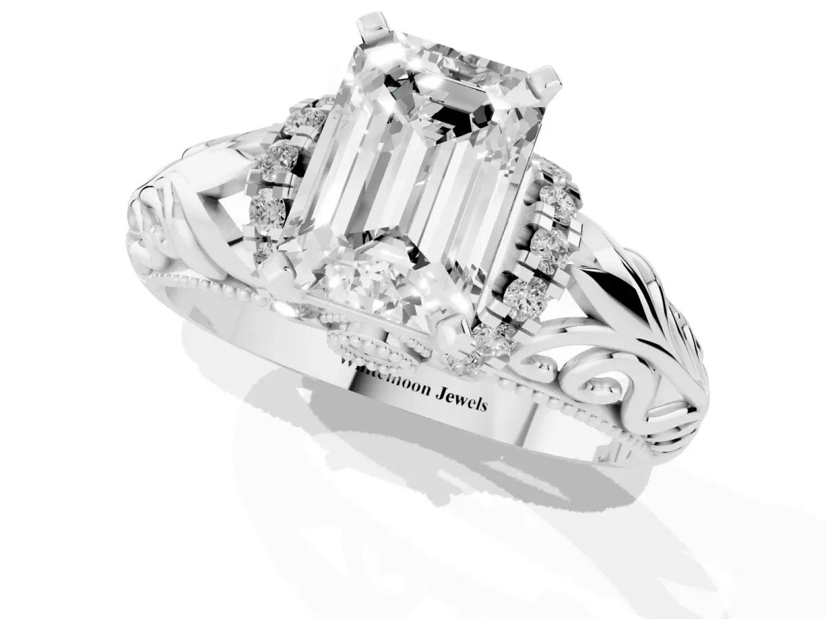 Emerald Cut Solitaire Filigree Engagement Ring with Halo and Prong Setting Platinum