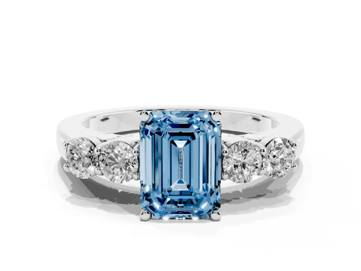 Fancy Blue Emerald Cut Cut Diamond Five-Stone Prong Set White Gold Ring Platinum