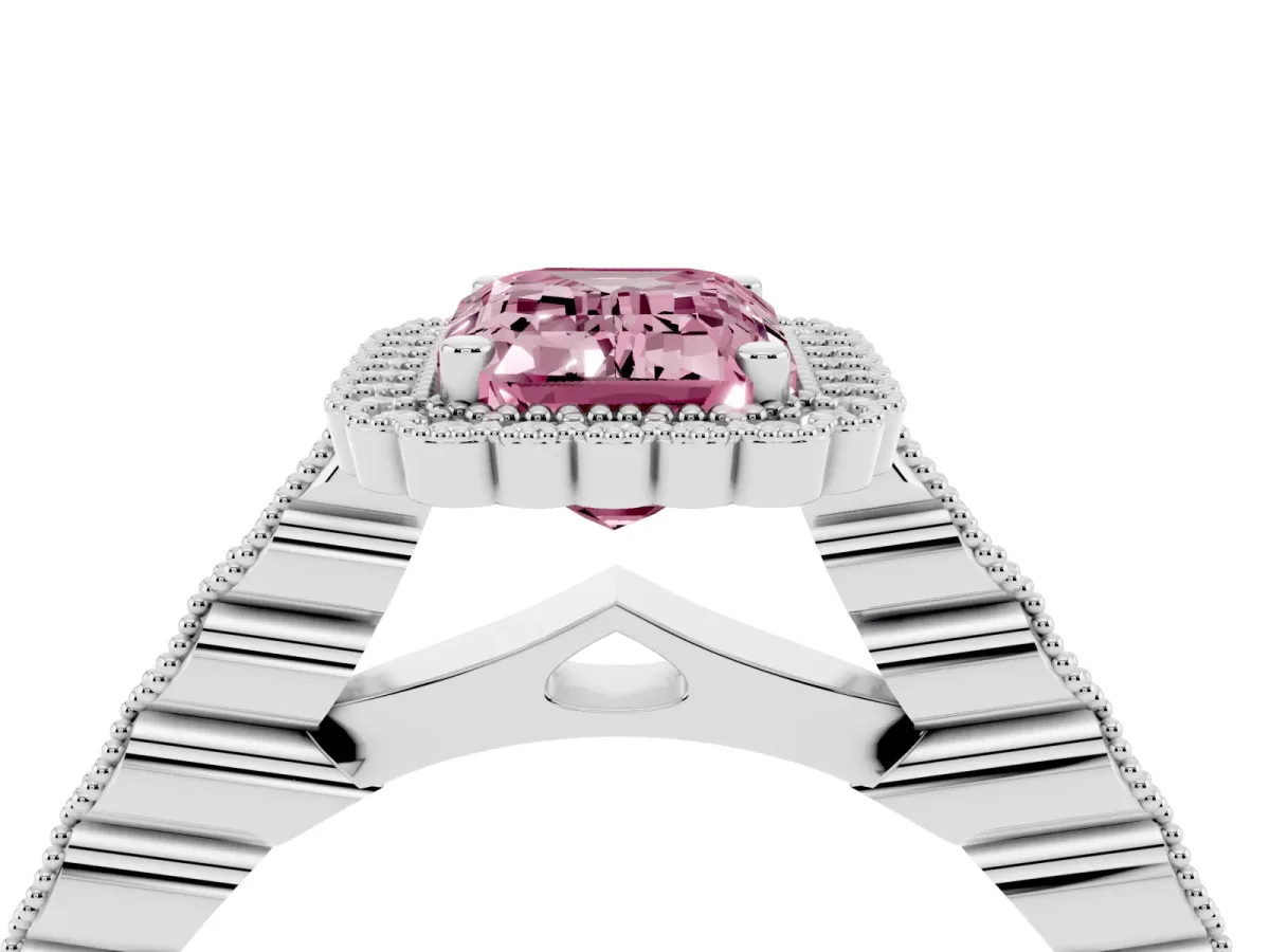 Fancy Pink Emerald Cut Cut Halo Pavé Solitaire Ring with Milgrain Band Silver