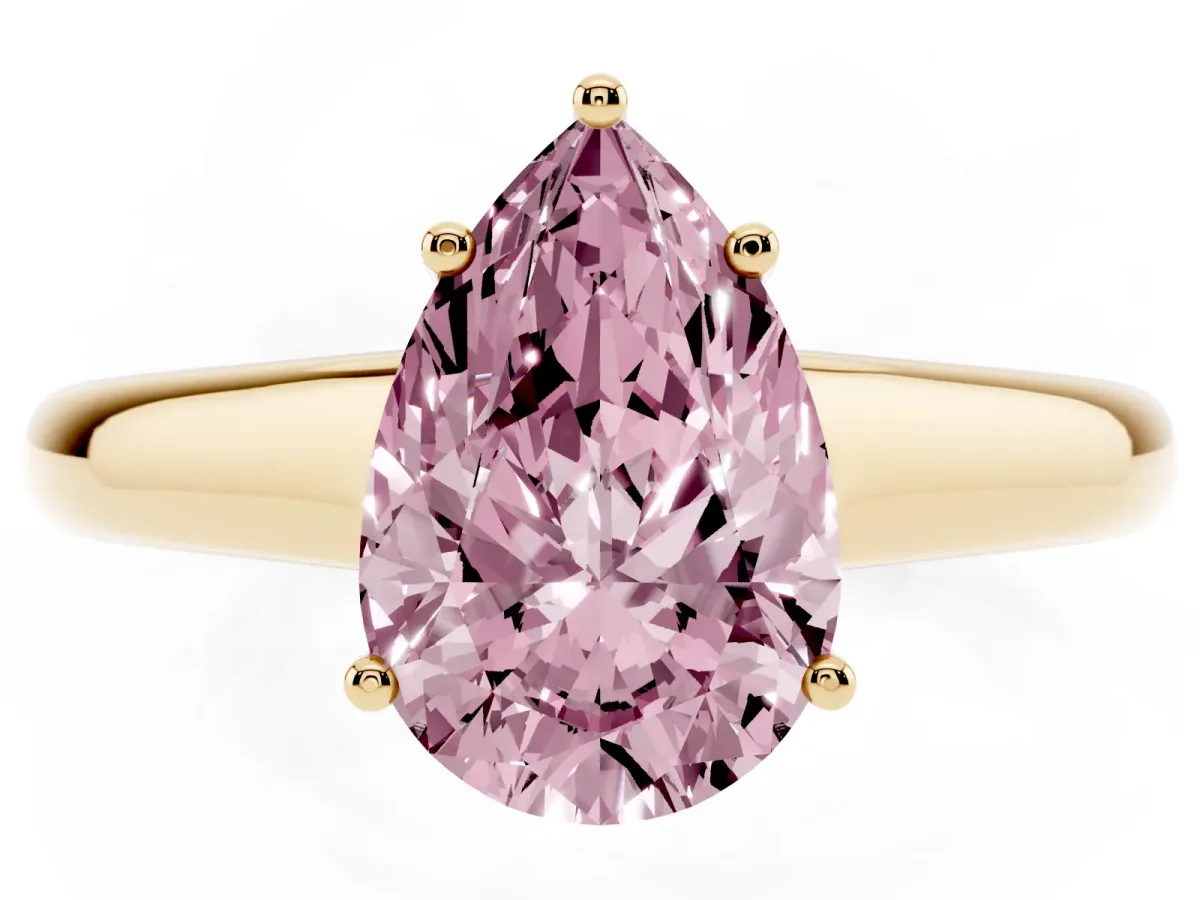 Fancy Pink Pear Cut Solitaire Engagement Ring with Tapered Band and Four-Prong Setting Yellow gold
