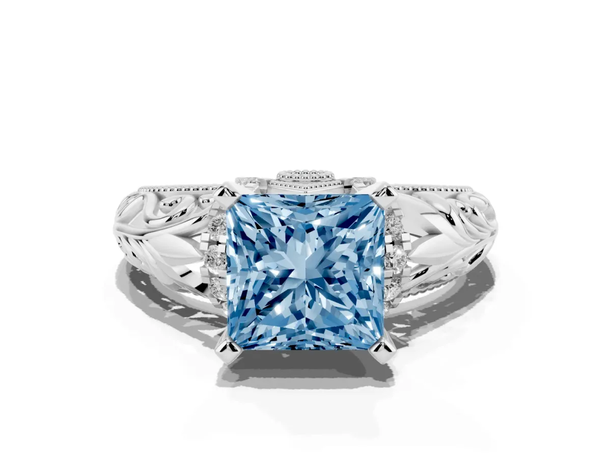Fancy Blue Princess Cut Solitaire Filigree Engagement Ring with Halo and Prong Setting White gold