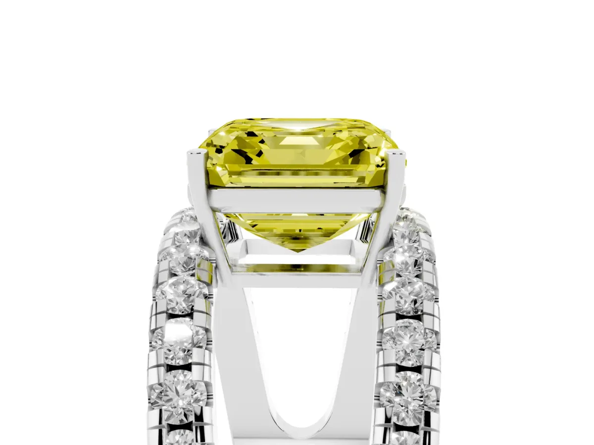 Fancy Yellow Asscher Cut Solitaire Split Shank Pave Diamond Ring Silver