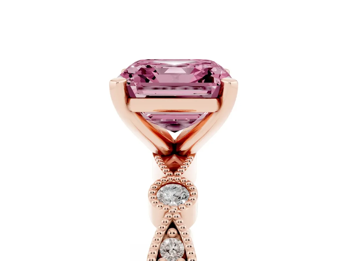 Fancy Pink Asscher Cut Milgrain Bezel Diamond Engagement Ring with Solitaire Prong Setting Rose gold