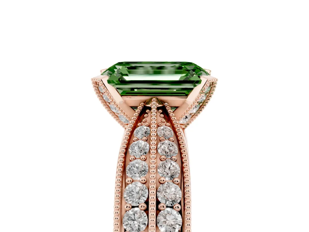 Fancy Green Emerald Cut Diamond Solitaire Ring with Milgrain Round Pavé Band and Prong Setting Rose gold