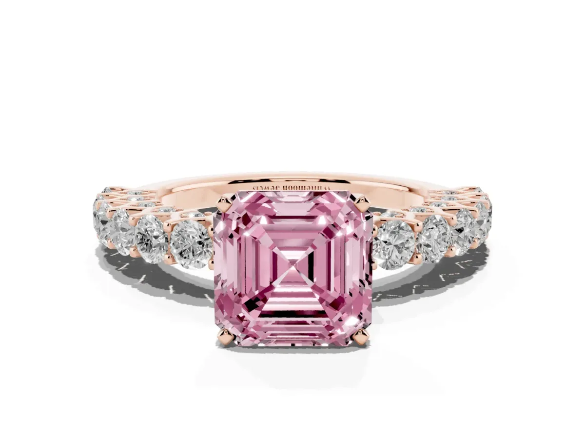 Fancy Pink Asscher Cut Diamond Solitaire Ring with Shared Prong Pavé Band and Four-Prong Setting Rose gold