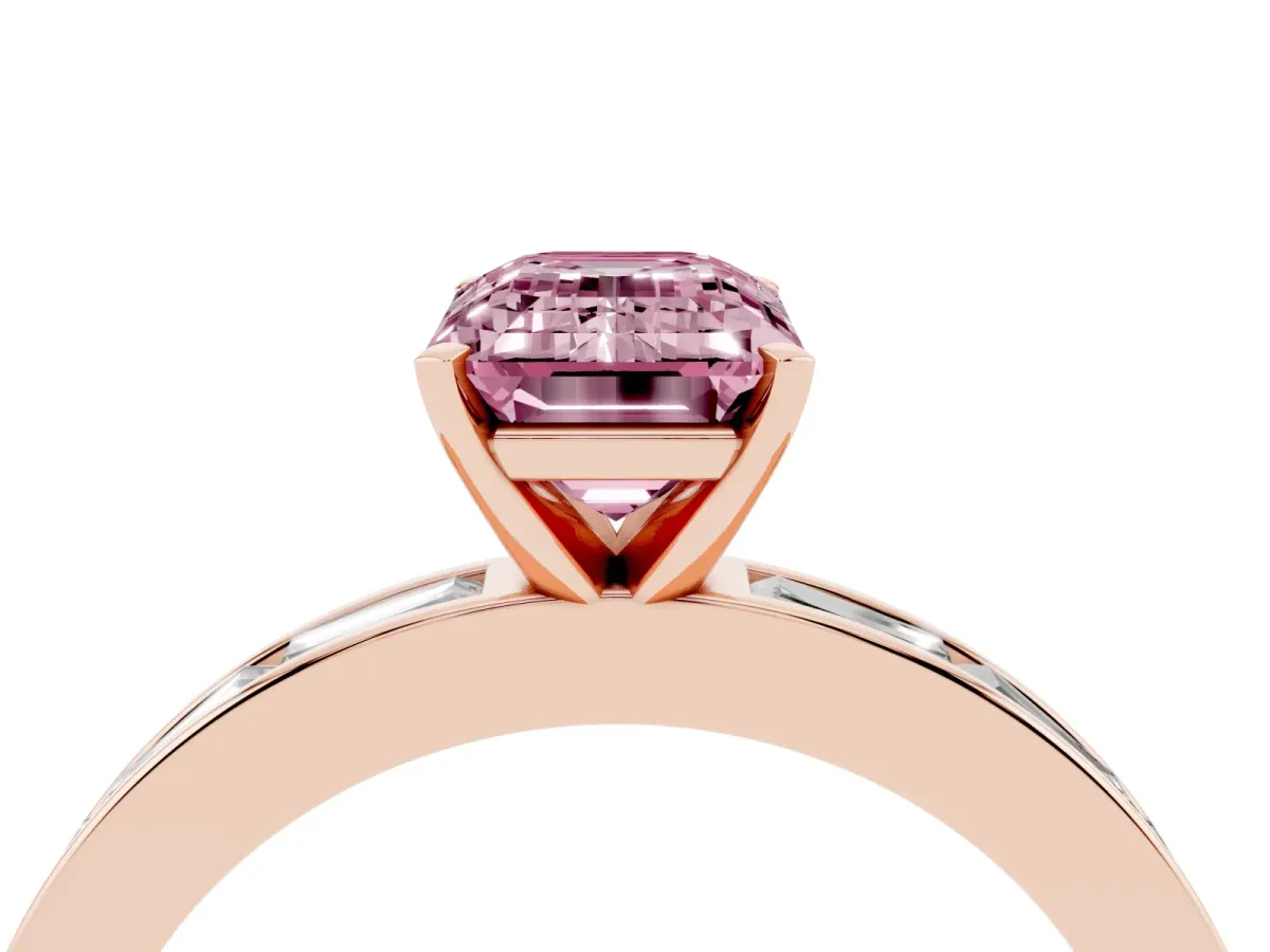 Fancy Pink Emerald Cut Solitaire Diamond Ring with Channel-Set Baguette Band and Four-Prong Setting Rose gold