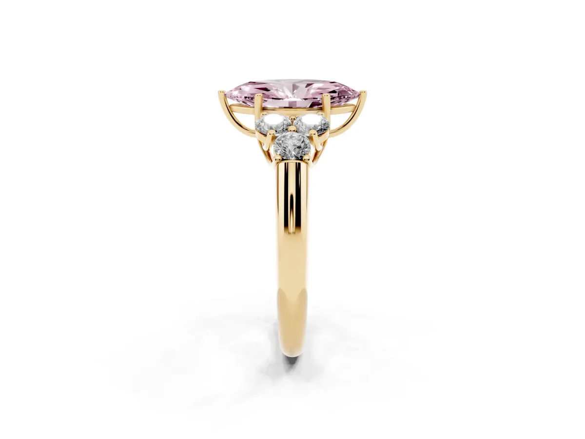 Fancy Pink Marquise Cut Cut Diamond Cluster Ring with Round Accent Stones and Prong Setting on a Classic Band Yellow gold