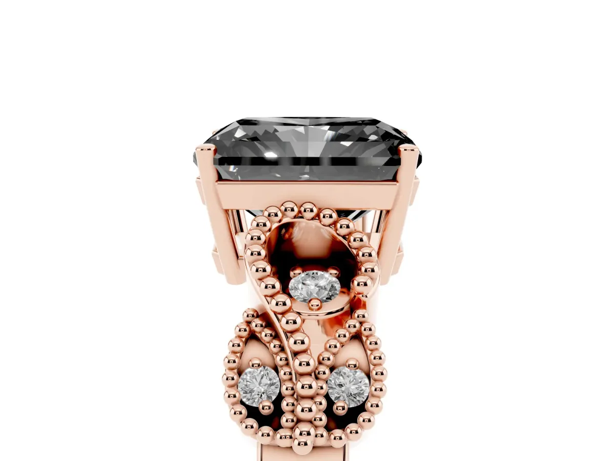 Fancy Black Princess Cut Solitaire Milgrain Leaf Band with Prong Setting Rose gold