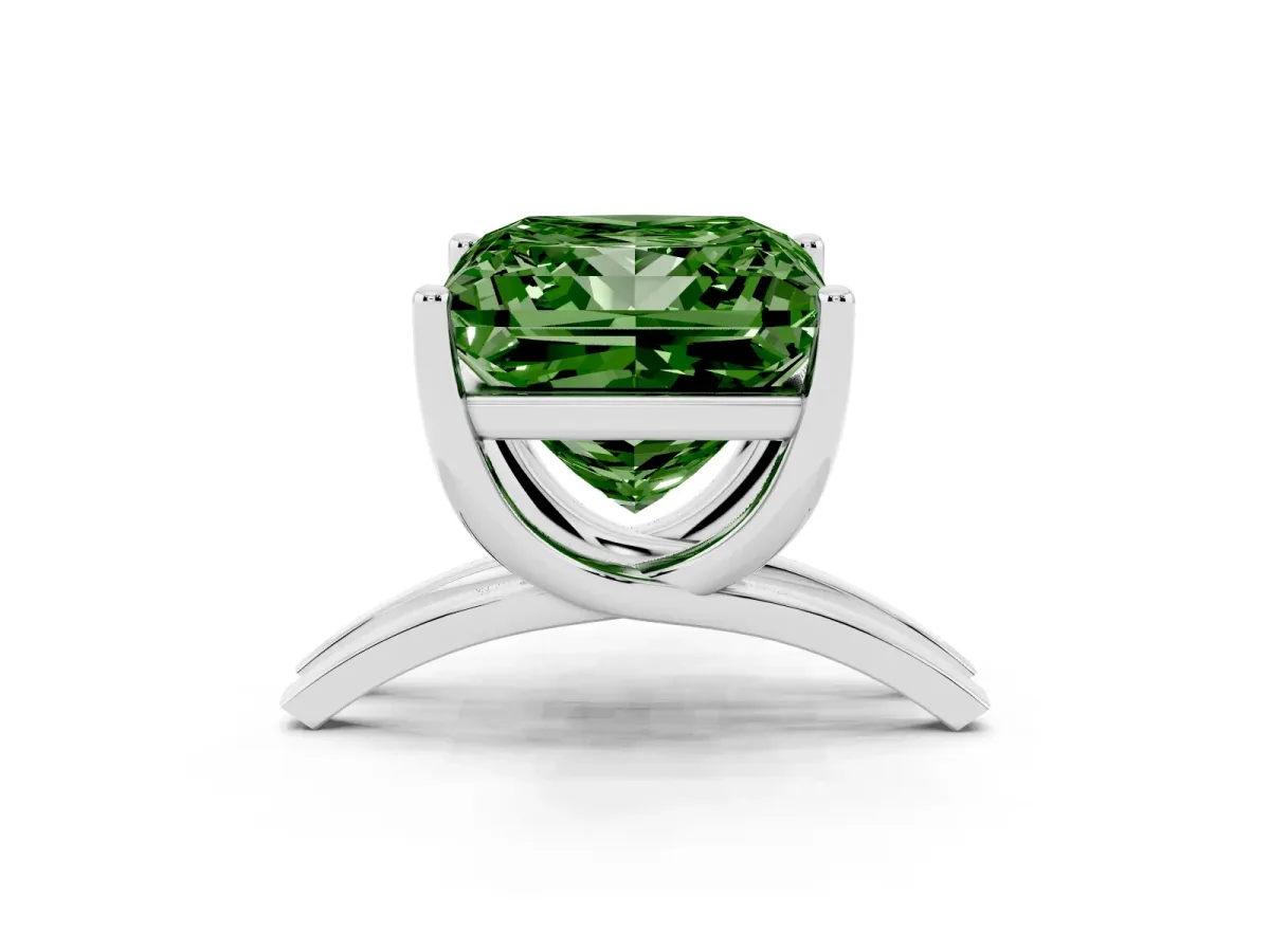 Fancy Green Princess Cut Cut Diamond Solitaire Engagement Ring with Tapered Plain Band and Four-Prong Setting Silver