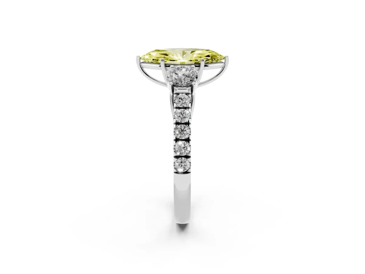 Fancy Yellow Marquise Cut Cut Diamond Three-Stone Ring with Round Side Stones and Pavé Band Silver