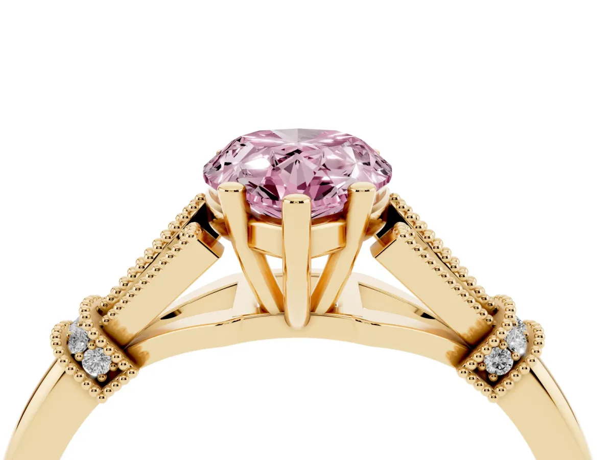 Fancy Pink Pear Cut Diamond Solitaire Ring with Floral Filigree and Pave Accents Yellow gold