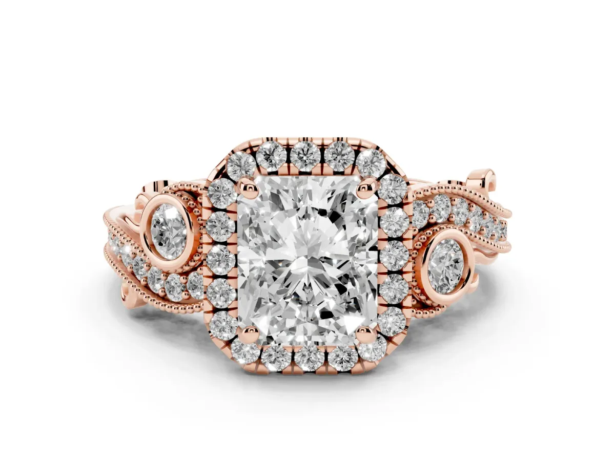 Radiant Cut Halo Diamond Ring with Milgrain and Bezel Accents on a Split Shank Band Rose gold