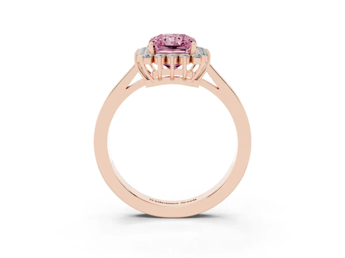 Fancy Pink Radiant Cut Cut Diamond Halo Ring with Round Brilliant Halo and Solitaire Band Rose gold